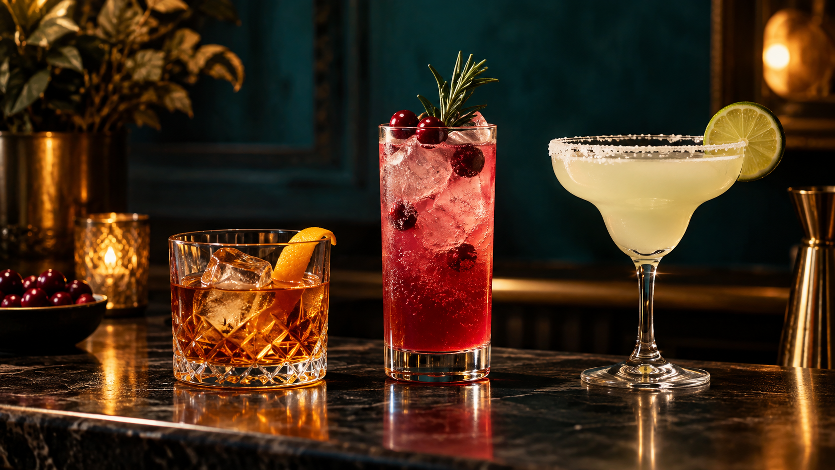 Three colorful cocktails on a dark bar
